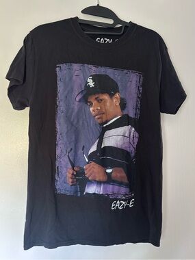 Eazy-E Black Graphic Short Sleeve Tee with Purple Portrait Print